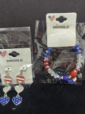 2 Piece Patriotic Heart Earrings & Bracelet Set Silver Tone #1